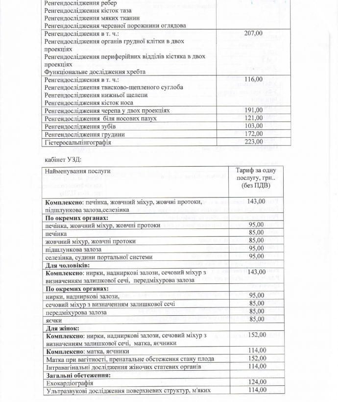 Тарифи на платні медичні послуги